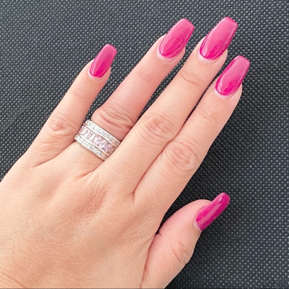 Baguette Paved Ring Pink Silver Size 6 - Picture 3 of 14